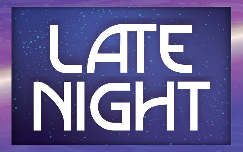 Graphic with the words “LATE NIGHT” in large white stylized letters centered on a dark blue-purple rectangular background with a starry, speckled pattern. The rectangle is framed by a purple gradient border.